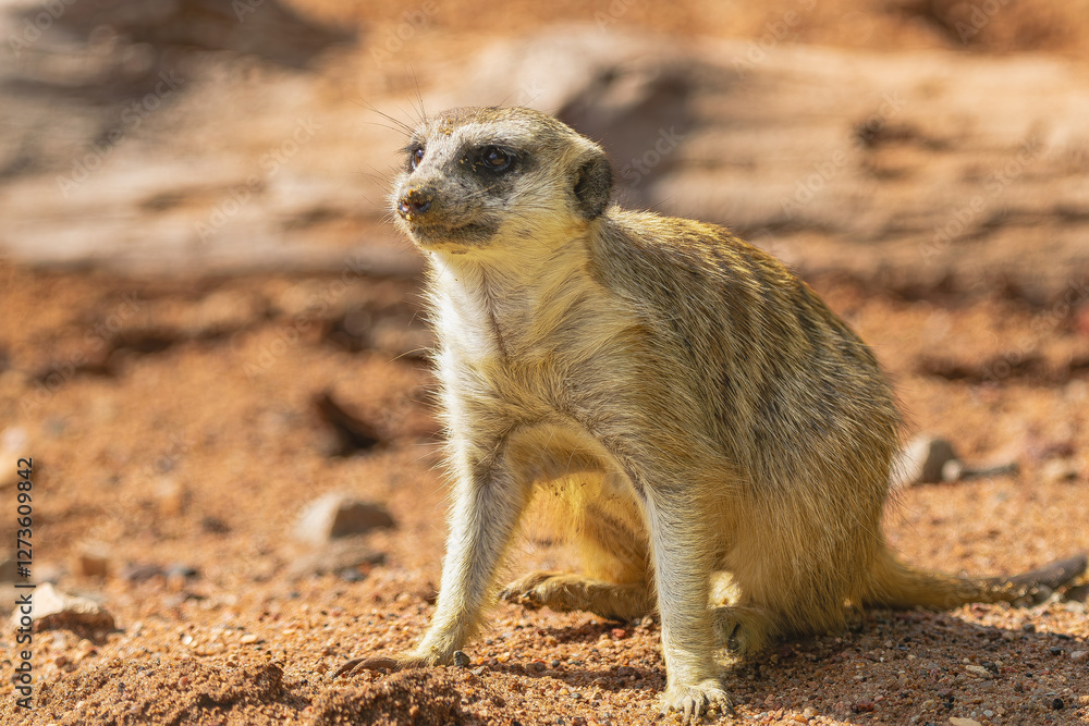 Fototapeta premium meerkat, (Suricata suricatta), sitting on sandy surface