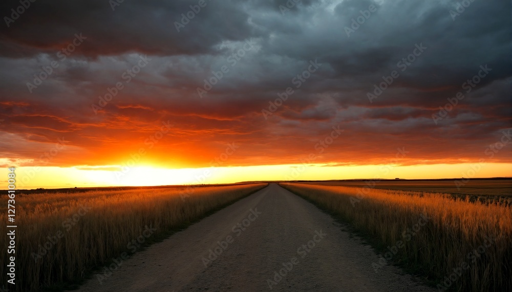 a dirt road stretching out into a vast field under an ominous orange and gray sky. a dirt road stretching out into a vast field under an ominous orange and gray sky.