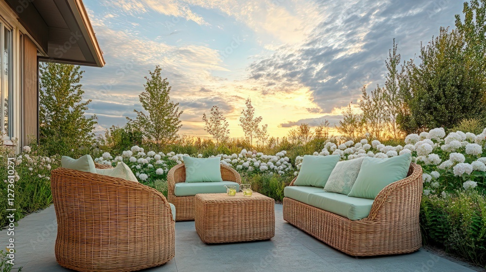 Fototapeta premium Wicker patio furniture set provides a comfortable outdoor seating area surrounded by lush white hydrangea bushes at sunset.