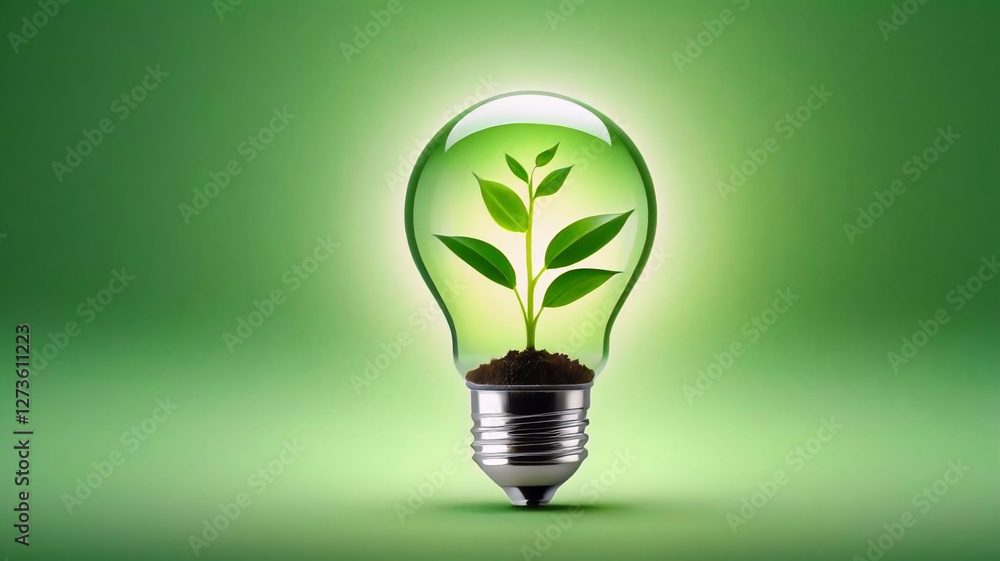 Green Energy Bulb with Leaves Inside, Eco Lightbulb Concept, Renewable Energy Symbol Green Energy Bulb with Leaves Inside, Eco Lightbulb Concept, Renewable Energy Symbol