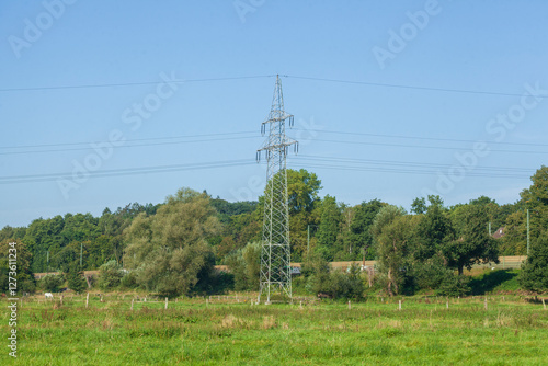 Strommast , Stromversorgung, Energieversorung, Blauer Himmel, Deutschland photo