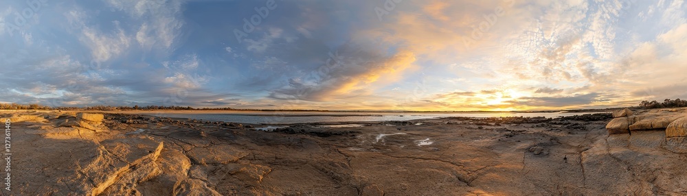 Stunning Sunset Panorama over Rocky Shoreline and Calm Lake at Dusk Stunning Sunset Panorama over Rocky Shoreline and Calm Lake at Dusk