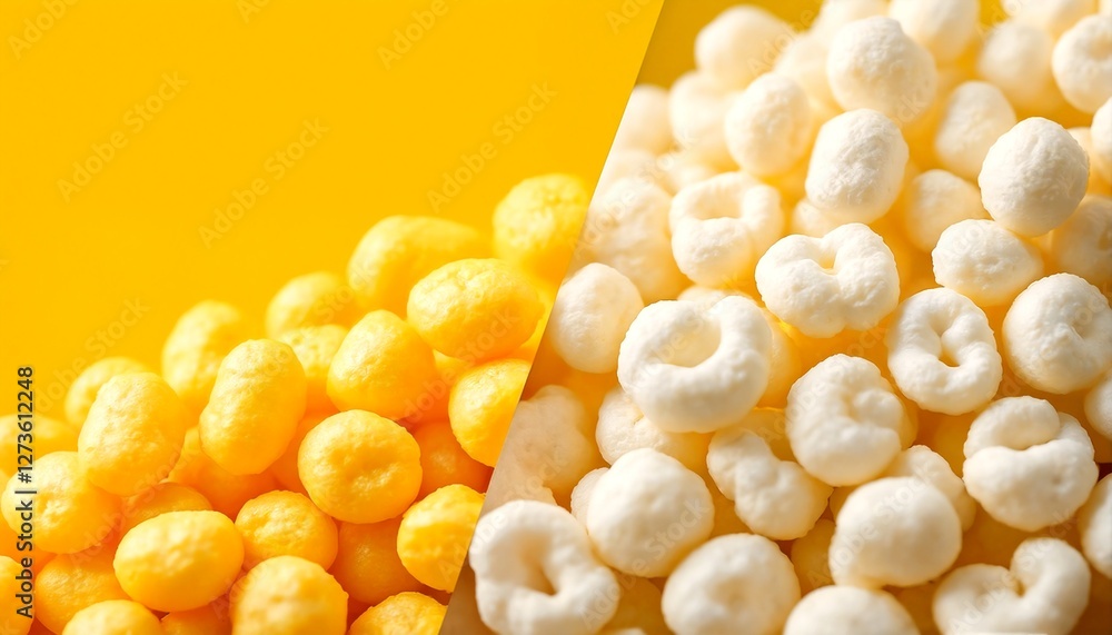 A split image of yellow and white puffed corn snacks. A split image of yellow and white puffed corn snacks.