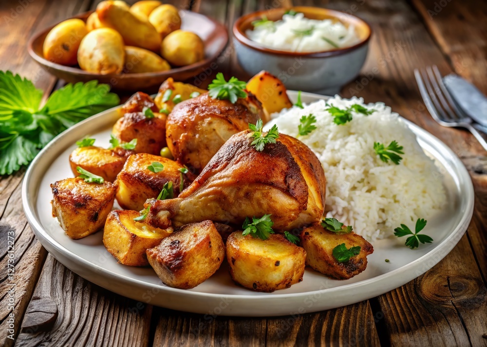Delicious Chicken Dinner: Roasted Chicken, Crispy Potatoes & Fluffy Rice Delicious Chicken Dinner: Roasted Chicken, Crispy Potatoes & Fluffy Rice