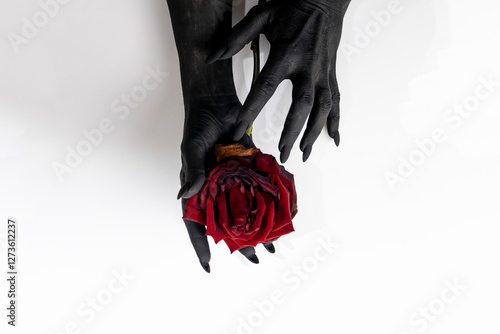 Obraz na plátně The black hands with long nails hold a rose and make it dry