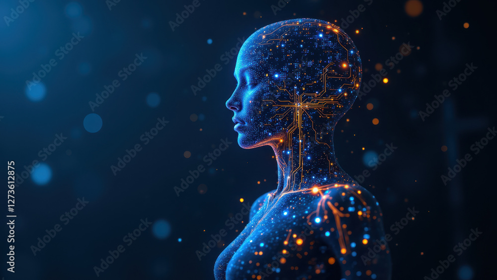 Vagus Nerve Stimulation - Advanced technology depicted with a humanoid robot's head surrounded by digital data streams, representing futuristic medical and scientific innovation. Vagus Nerve Stimulation - Advanced technology depicted with a humanoid robot's head surrounded by digital data streams, representing futuristic medical and scientific innovation.
