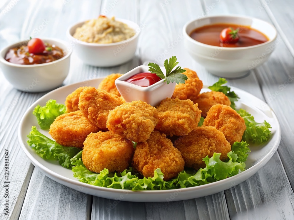 Delicious Crispy Chicken Nuggets with Dipping Sauce on Elegant White Plate - Bright Dining Setting Stock Photo Delicious Crispy Chicken Nuggets with Dipping Sauce on Elegant White Plate - Bright Dining Setting Stock Photo