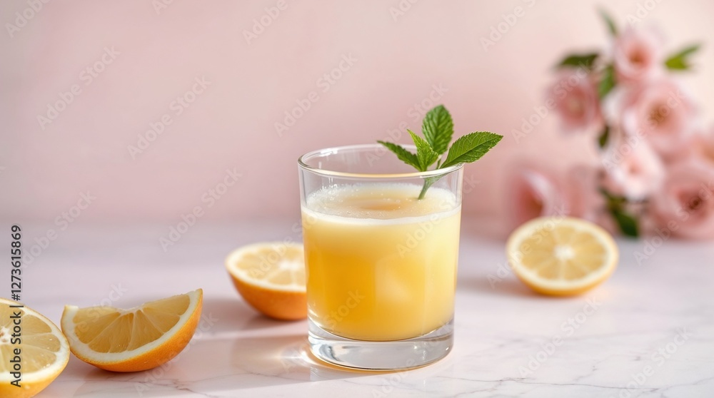 Lemon juice with mint on a pink background, healthy detox drink Lemon juice with mint on a pink background, healthy detox drink