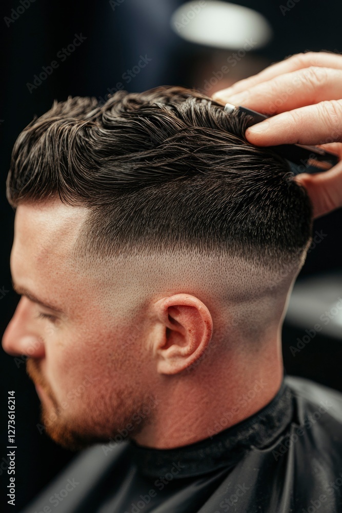 Barber cutting hair in salon; client getting haircut. Use for beauty promotion Barber cutting hair in salon; client getting haircut. Use for beauty promotion