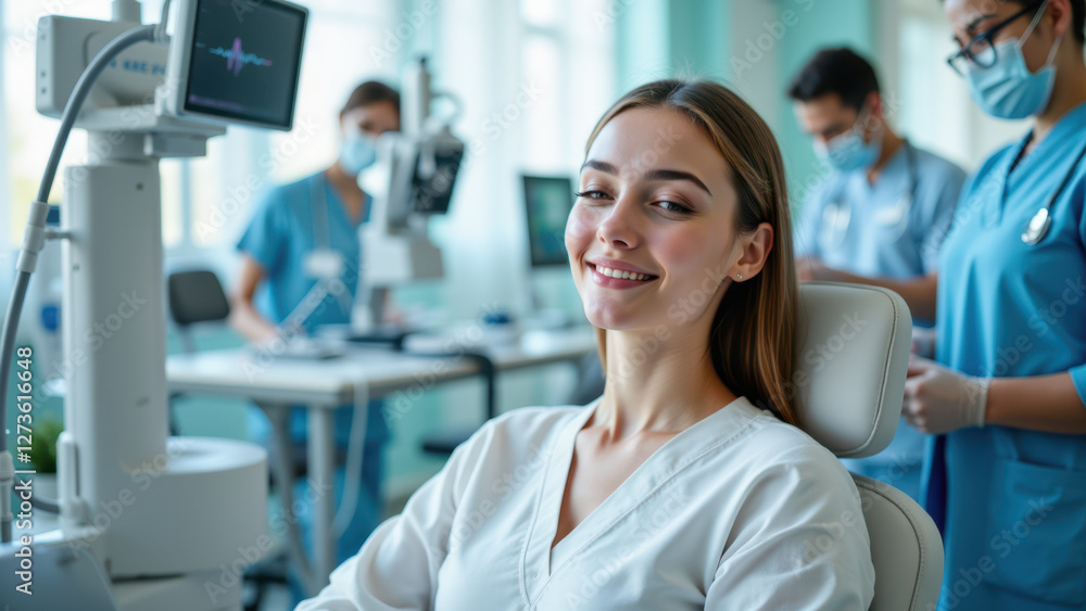 VNS procedure with medical staff wearing face masks assisting patient who is smiling. VNS procedure with medical staff wearing face masks assisting patient who is smiling.