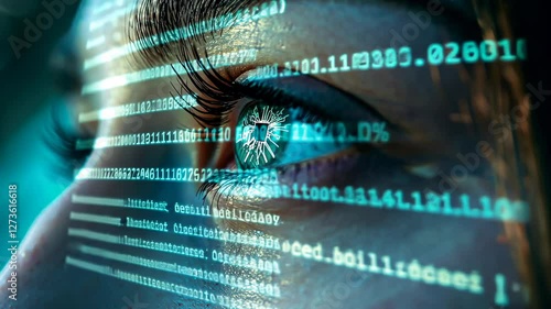 Closeup of woman's eye with reflected computer code for technology and innovation concepts. High-tech eye scanning system with binary code overlay. Artificial intelligence and cybersecurity