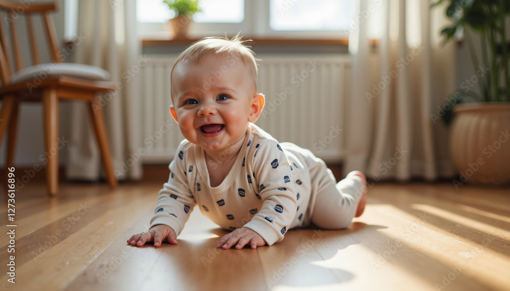 Crawling baby smiling on wooden floor in bright room Crawling baby smiling on wooden floor in bright room