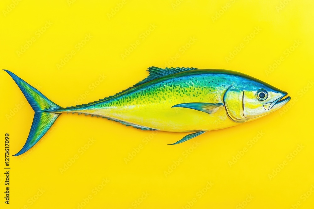 Vibrant yellow mahi mahi fish displayed on a yellow background Vibrant yellow mahi mahi fish displayed on a yellow background