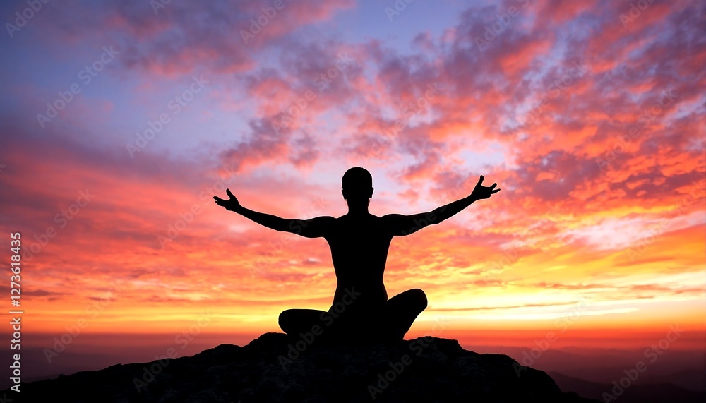 Fototapeta premium A man is sitting on top of a mountain at sunset.