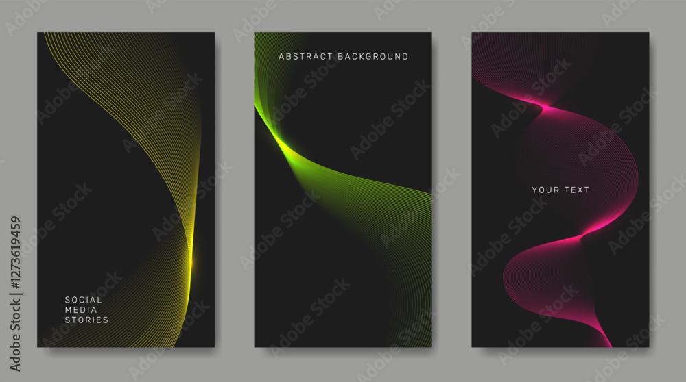 Fototapeta premium A set of dark backgrounds with bright multicolored lines.