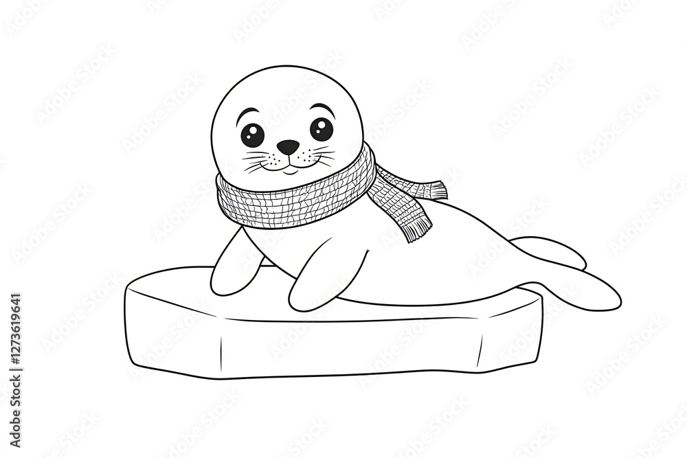 Baby seal wearing a scarf, lying on an ice block. Cute Cartoon Character Design and Computer Game. Coloring Book Outline Set. Baby seal wearing a scarf, lying on an ice block. Cute Cartoon Character Design and Computer Game. Coloring Book Outline Set.