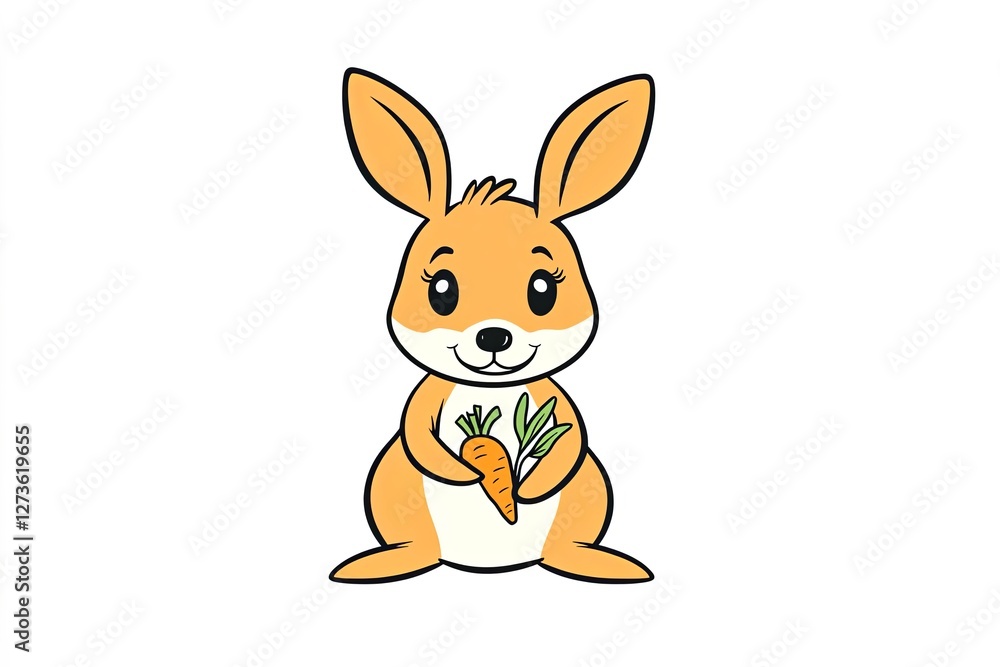 Baby kangaroo peeking out of its pouch, holding a tiny carrot. Baby kangaroo peeking out of its pouch, holding a tiny carrot.