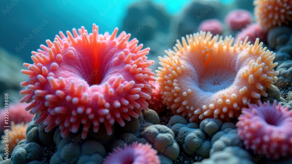 Close-up of vibrant and bleached coral polyps on ocean floor in marine ecosystem Close-up of vibrant and bleached coral polyps on ocean floor in marine ecosystem