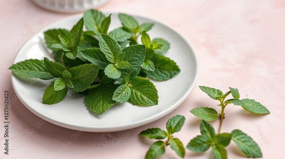 Fresh peppermint leaves arranged on a white plate with a soft pink background Fresh peppermint leaves arranged on a white plate with a soft pink background