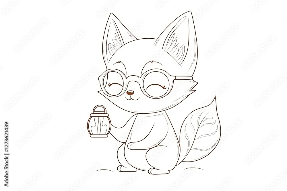 Obraz premium Tiny fox wearing glasses, holding a tiny lantern.