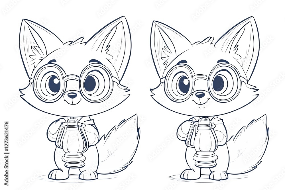 Obraz premium Tiny fox wearing glasses, holding a tiny lantern.