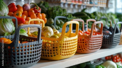 Brightly colored baskets are arranged on a wooden shelf, each filled with an assortment of fresh fruits and vegetables. The market is well lit, highlighting the vibrant colors of the produce.