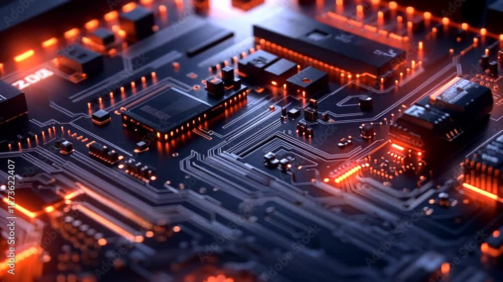Close-up of a glowing circuit board with intricate details Close-up of a glowing circuit board with intricate details