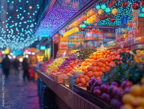 Holiday market in the city with AR floating goods and decorations, vibrant night setting, neon lighting, digital art