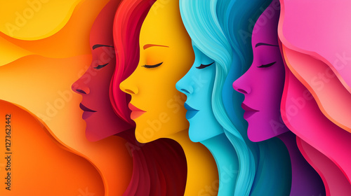 Artwork depicting beautiful women's faces, with a colorful background, vector illustration