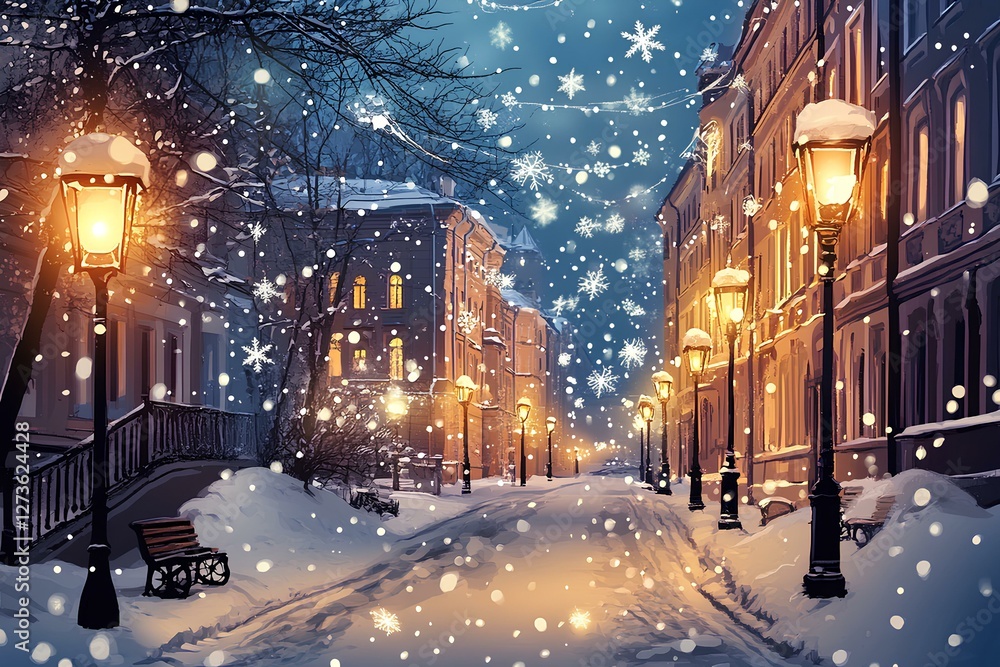 Snowy evening street with warm lights and falling snow in a quiet town during winter Snowy evening street with warm lights and falling snow in a quiet town during winter