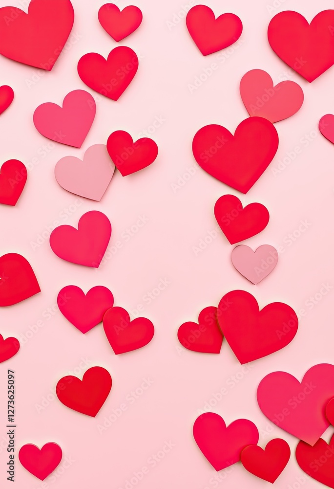 Pink background with scattered red and pink hearts Pink background with scattered red and pink hearts