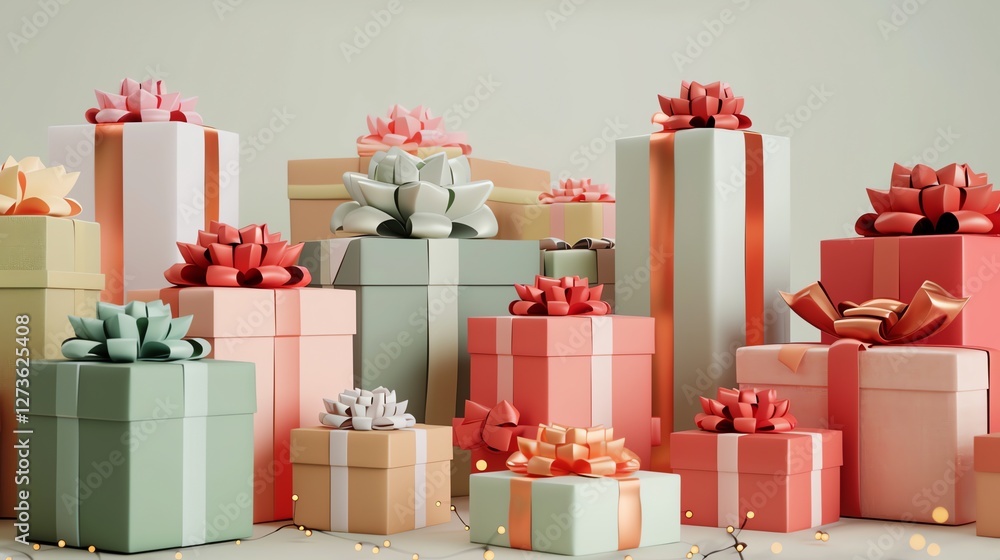 Obraz premium A collection of gift boxes with pink bows on a light green background.