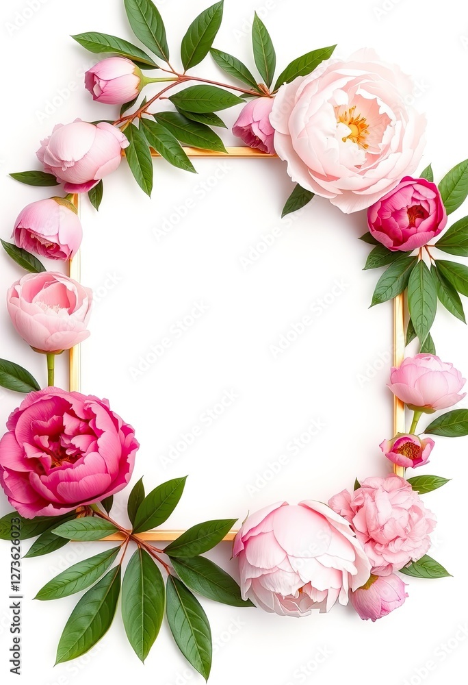 Pink and Rose Peonies Frame a Blank Golden Picture Frame Pink and Rose Peonies Frame a Blank Golden Picture Frame