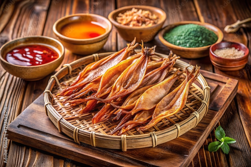 Dried Squid with Dipping Sauce on Bamboo Tray - Authentic Asian Snack Dried Squid with Dipping Sauce on Bamboo Tray - Authentic Asian Snack