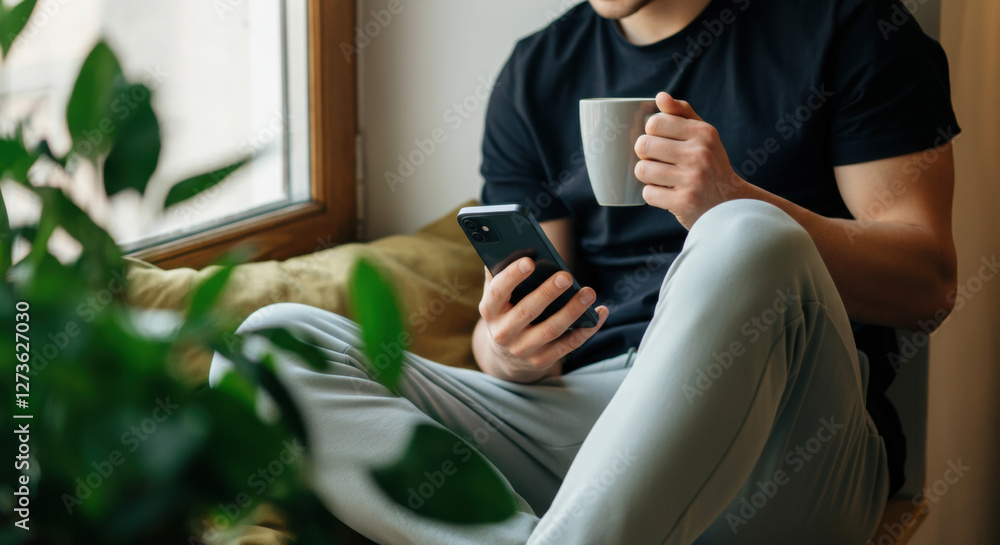 Man sitting by the window, enjoying a cup of coffee while using a smartphone Man sitting by the window, enjoying a cup of coffee while using a smartphone