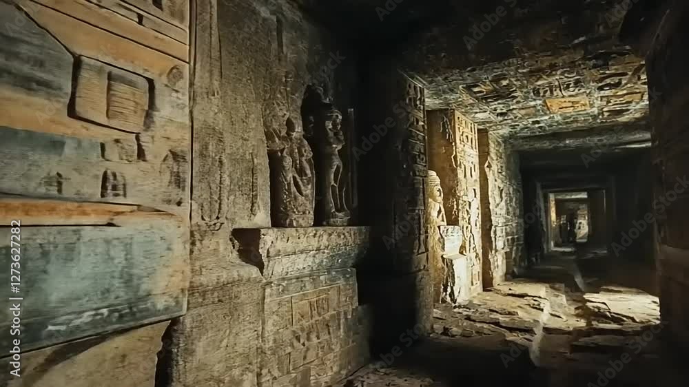 Ancient tomb with a carved statue and hieroglyphics in a dimly lit corridor. Ancient tomb with a carved statue and hieroglyphics in a dimly lit corridor.