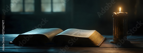 An open book on the table, candlelight illuminating its pages
