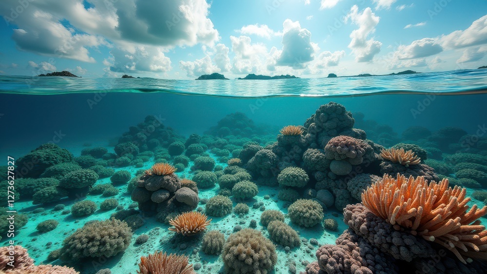 Fototapeta premium Split view of underwater coral reef and sunlit ocean surface with clear water 