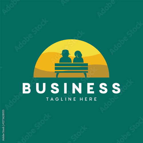 Logo with an illustration of an elderly couple sitting on a bench in a park at dusk