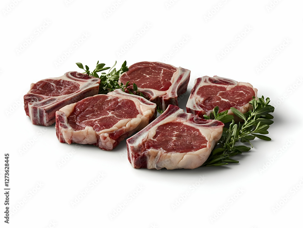 Raw beef rib eye steaks arranged on white background Raw beef rib eye steaks arranged on white background