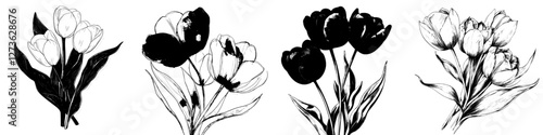 A hand drawn monochrome sketch of a bouquet of tulips in a stylized manner