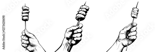 A hand grasps skewers with kebabs illustrated in a single continuous line, as a modern isolated stock image