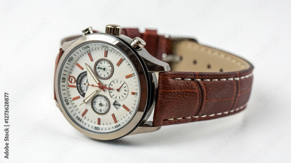 Men's Wristwatch with Leather Strap on White Background Men's Wristwatch with Leather Strap on White Background