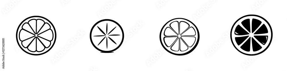 Modern illustration of a lemon round slice line icon, featuring a hand-drawn outline of one citrus piece in a circle shape with internal segments Modern illustration of a lemon round slice line icon, featuring a hand-drawn outline of one citrus piece in a circle shape with internal segments