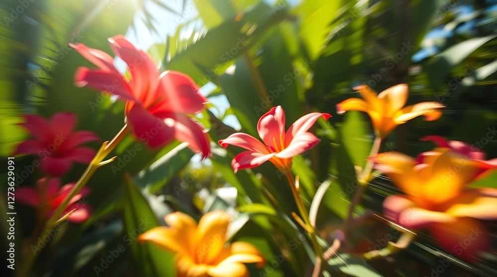 Fototapeta premium Tropical Flowers Background with Vibrant Colors and Lush Foliage for a Refreshing and Exotic Design