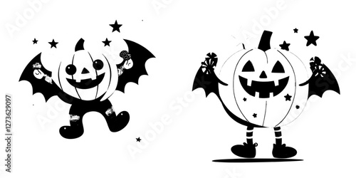 This image showcases a comedic, colorful, and retro cartoon Halloween pumpkin character clutching a large candy, designed in a modern linear hand-drawn style that pays homage to the 80s, with a print