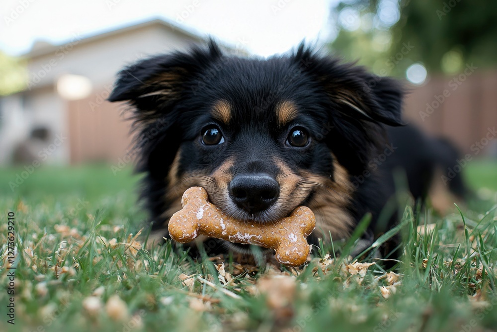 Adorable puppy holding bone treat in mouth, on lawn with house in background Adorable puppy holding bone treat in mouth, on lawn with house in background
