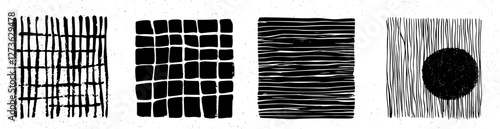 A set of modern seamless patterns features check, square, plaid, and mesh designs, alongside black and white charcoal, chalk, and brush textures with hand-drawn stripes and lines