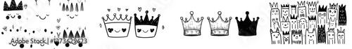 A set of hand drawn crown doodles featuring luxury heraldic symbols, including classic tiaras and royal diadems, in a modern line monochrome sketch style
