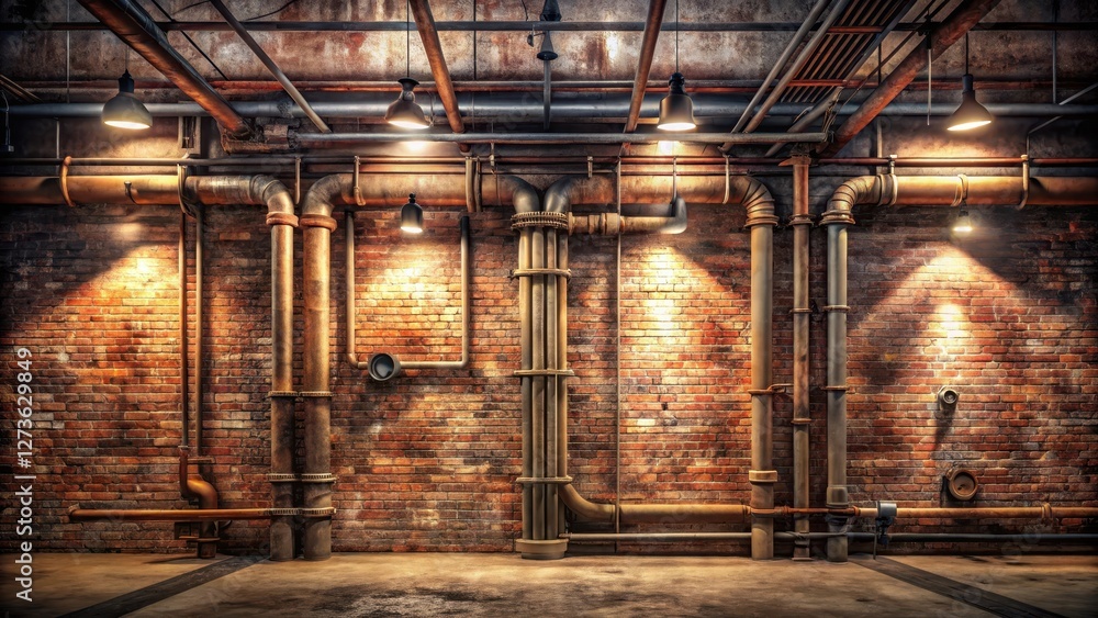 Fototapeta premium Industrial brick wall with exposed rustic pipes under harsh lighting, creating a dramatic and rugged atmosphere , abandoned factory, harsh lighting